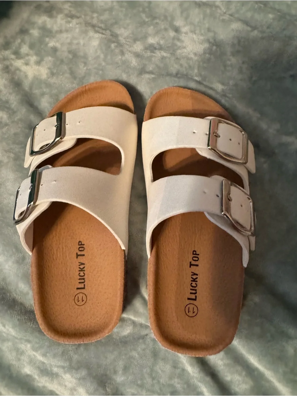 White Sparkle Double-Buckle Slide Sandals